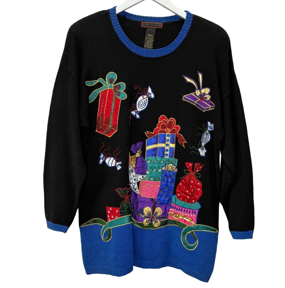 Vintage Yarnworks Christmas Sweater Womens Size M Black Beaded Presents Candy